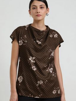 FableStreet - Gingham Floral Cowl Neck Top - Black