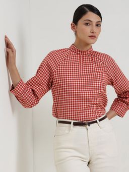 FableStreet - Cotton Gingham High Neck Top - Rust