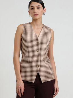 FableStreet - Checks Gingham Waistcoat - Beige