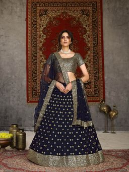 Odette - Striking Navy Blue Net Semi Stitched Lehenga With Unstitched Blouse (Set of 3)
