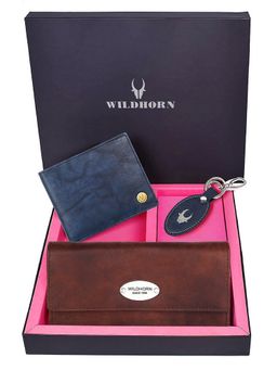 WILDHORN - Premium Leather Ladies Wallet, Mens Wallet and Keychain Gift -1K_CR_2052BLV_K (Set of 3)