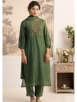 Tatwa Designs - Bottle Green Dabka Yoke Kurta with Pants and Dupatta Set