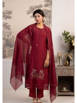 Tatwa Designs - Maroon Jungle Kurta with Pants and Dupatta Set
