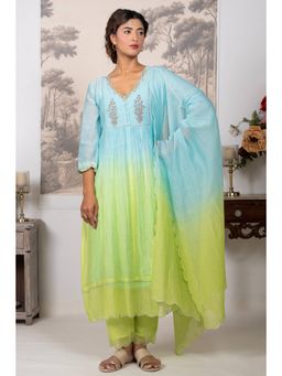 Tatwa Designs - Neon Teal Ombre Yoke Tree Kurti with Pants and Dupatta Set