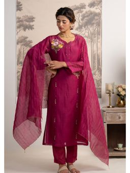 Tatwa Designs - Rani Pink Twin Bouquet Kurti with Pants and Dupatta Set