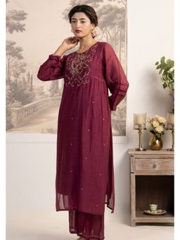 Tatwa Designs - Wine Dabka Yoke Kurta with Pants and Dupatta Set