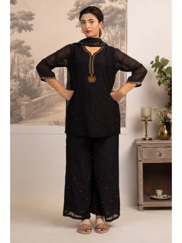 Tatwa Designs - Black Heritage Jhumka Kurti with Palazzos and Dupatta Set