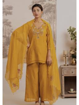 Tatwa Designs - Mustard Matsya Kurta with Palazzos and Dupatta Set