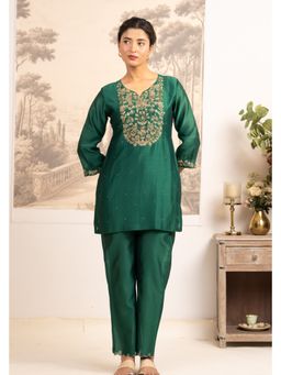 Tatwa Designs - Rama Green Zardosi Yoke Kurti with Pant and Organza Dupatta