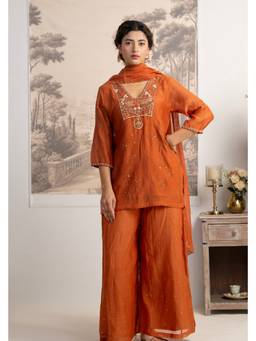 Tatwa Designs - Rust Orange Matsya Kurti with Palazzos and Dupatta Set