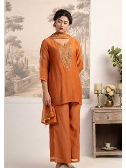 Tatwa Designs - Rust Orange Meena Kurti with Palazzos and Dupatta Set