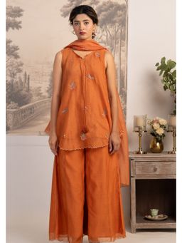 Tatwa Designs - Rust Orange Flared Kurti with Palazzos and Dupatta Set