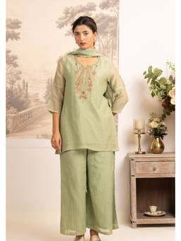 Tatwa Designs - Sea Green Meena Kurti Set with Pants and Dupatta Set