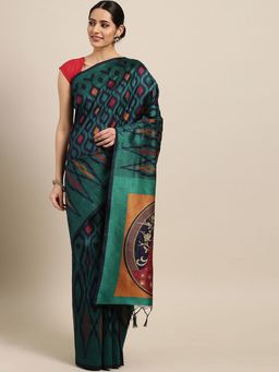Stylee LIFESTYLE - Navy Blue Ikkat Silk Jacquard Saree With Blouse Piece
