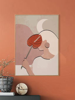 Nestroots - Graceful Woman with Pink Leaf Canvas Art Printed Wall Painting Gold Floating Frame
