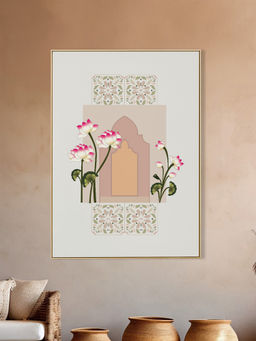 Nestroots - Tranquil Door and Floral Canvas Art Printed Wall Painting Gold Floating Frame