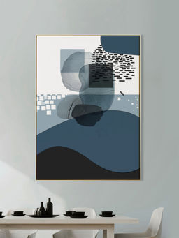 Nestroots - Blue Black Waves Canvas Art Abstract Painting Gold Floating Frame