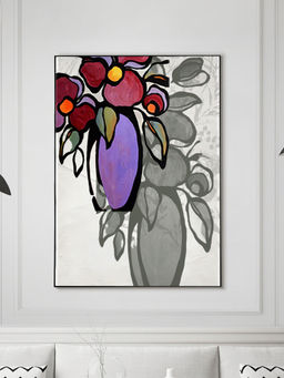Nestroots - Vibrant Flower Vase Canvas Art Abstract Painting Black Floating Frame