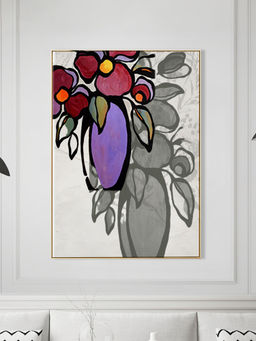 Nestroots - Vibrant Flower Vase Canvas Art Abstract Painting Gold Floating Frame