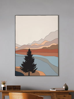 Nestroots - Serene Tree Mountains Canvas Art Print Wall Painting Black Floating Frame