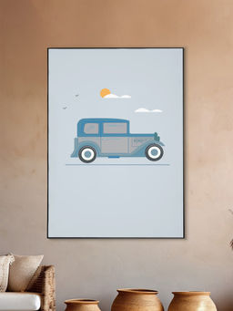 Nestroots - Blue Vintage Car Abstract Canvas Art Printed Wall Painting Black Floating Frame