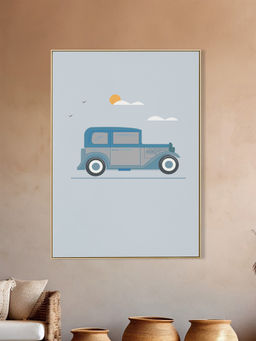 Nestroots - Blue Vintage Car Abstract Canvas Art Printed Wall Painting Gold Floating Frame