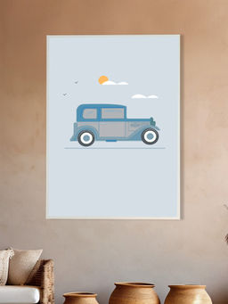 Nestroots - Blue Vintage Car Abstract Canvas Art Printed Wall Painting White Floating Frame