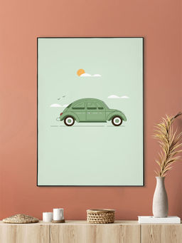 Nestroots - Green Vintage Car Abstract Canvas Art Printed Wall Painting Black Floating Frame