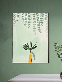 Nestroots - Green Plant In Yellow Vase Canvas Wall Painting Black Floating Frame