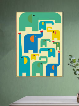 Nestroots - Playful Elephant Herd Print Canvas Wall Painting Gold Floating Frame