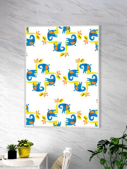 Nestroots - Blue and Orange Elephant Canvas Wall Painting White Floating Frame