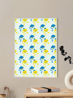 Nestroots - Blue and Yellow Fish Pattern Canvas Wall Painting White Floating Frame