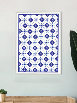 Nestroots - Geometric Blue and White Canvas Wall Painting White Floating Frame