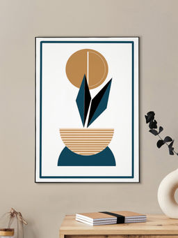 Nestroots - Elegant Blue and Gold Art Abstract Plant Printed Wall Painting Black Floating Frame