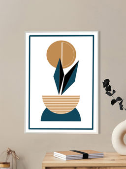 Nestroots - Elegant Blue and Gold Art Abstract Plant Printed Wall Painting White Floating Frame