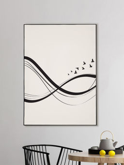 Nestroots - Abstract Wave Black White Canvas Printed Wall Painting Black Floating Frame