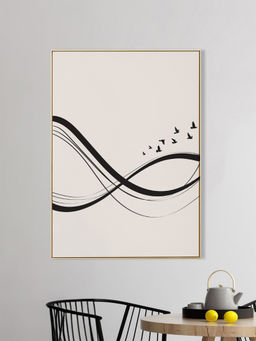Nestroots - Abstract Wave Black White Canvas Printed Wall Painting Gold Floating Frame