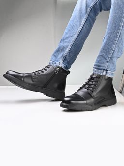 Valentino - Men Premium Leather Lace-Up Ankle Boots with Side Zipper