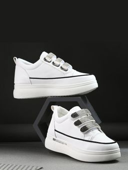 Valentino - Women White Crystal Embellished Velcro Straps Platform Sneakers