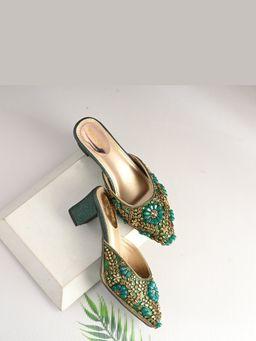Valentino - Women Green Ethnic Embellished Block Heel Mules