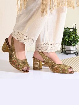 Valentino - Women Golden Open-Toe Embellished Slingback Heels