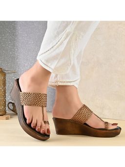 Valentino - Women Gold Braided Wedge Heel Slip-On Sandals