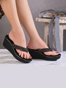 Valentino - Women Black braided Platform Wedge Thong Sandals