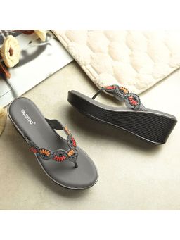 Valentino - Women Gunmetal Beaded Wedge Platform Thong Sandal
