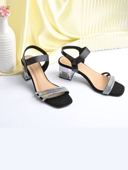 Valentino - Women Black Strappy Crystal Block Heel Sandal