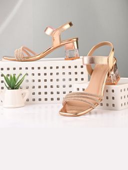 Valentino - Women Rose Gold Strappy Crystal Block Heel Sandal