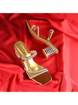 Valentino - Women Antique Gold Rhinestone Strappy Block Heel Sandal