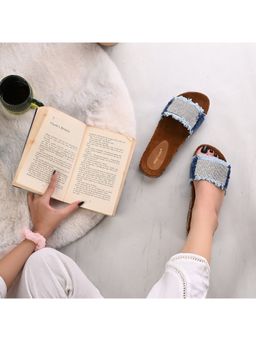 Valentino - Women Navy Blue Denim Fringe Cork Slides