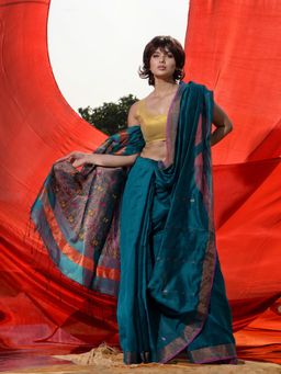 CHARUKRITI - Teal Cotton Blend Handwoven Paisley Motif & Zari Woven Pallu Saree with Unstitched Blouse