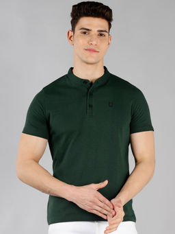 Urbano Fashion - Mens Dark Green Solid Mandarin Collar Slim Fit Half Sleeve Cotton T-shirt